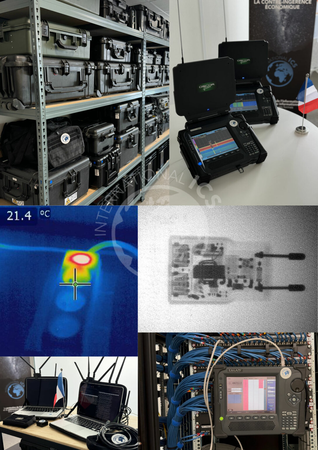Matériel de dépoussiérage électronique d’International ICS : valises, analyseurs de spectre, imagerie thermique et radiographie