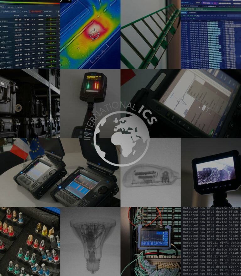 Mosaïque d’une opération TSCM International ICS : analyse de spectre, imagerie thermique et radiographie